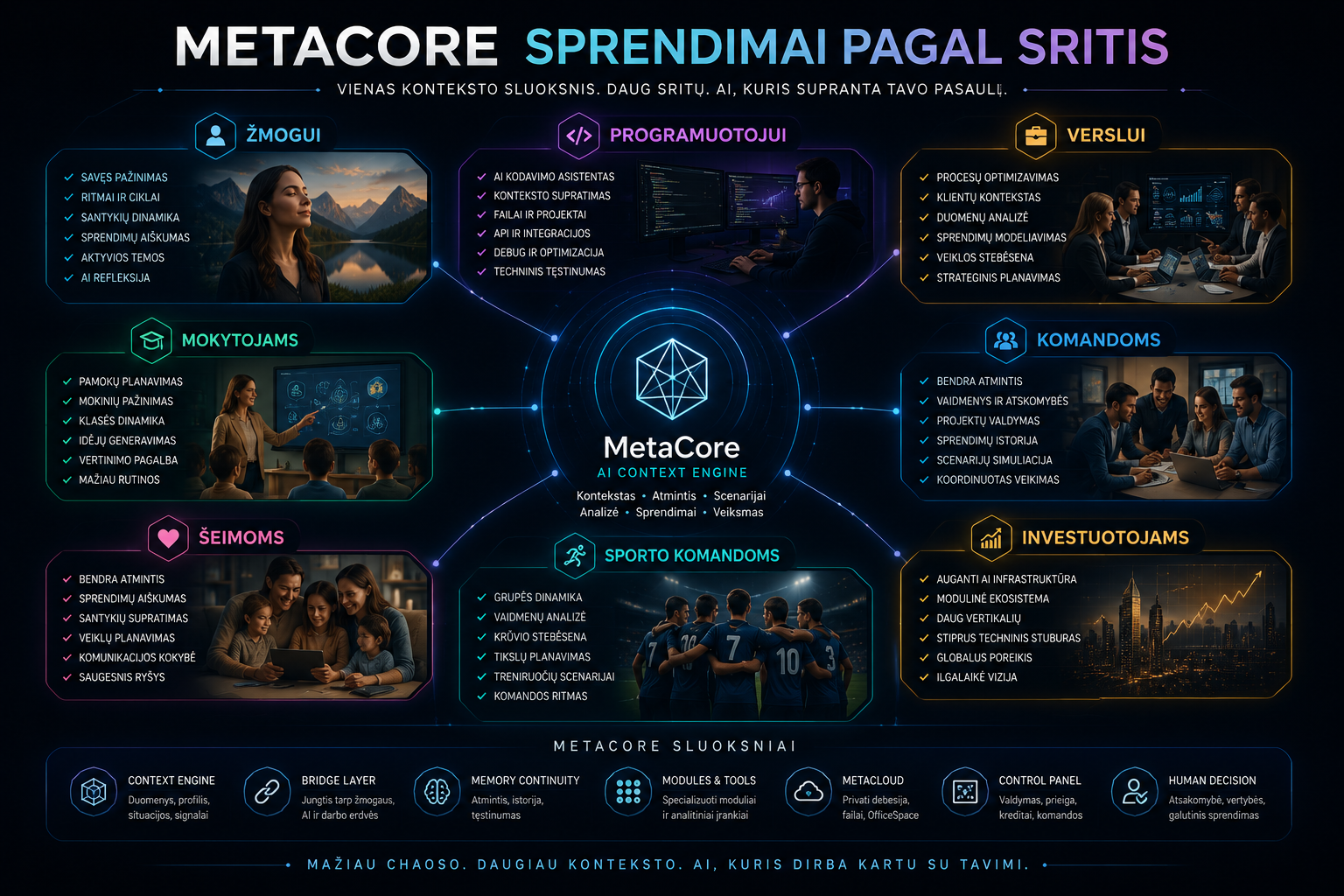 MetaCore sprendimai pagal sritis: mokytojams, šeimoms, verslo komandoms, pagalbos centrams, sporto komandoms ir bendrijoms